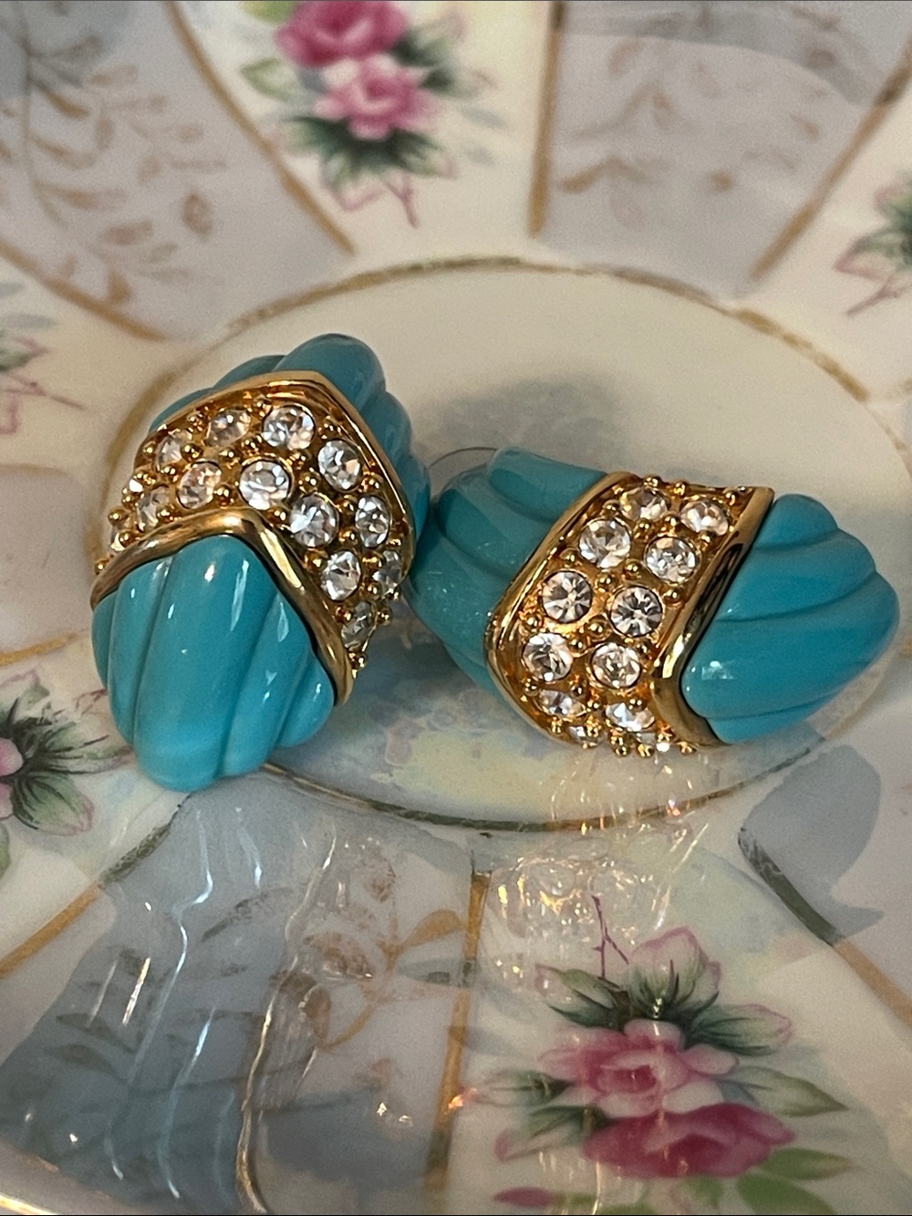Vintage Kenneth Jay Lane (KJL) Ribbed Teal & Crystal Demi-Hoop Pierced Earrings